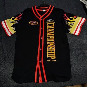 Nike Black Baseball Jersey with Red Trim and Yellow Flame Sleeves
